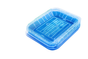 A blue rectangular container designed for storage with a grid pattern on the bottom. png