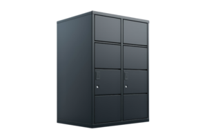 A sleek, modern storage cabinet featuring multiple compartments and locking doors for secure organization. png