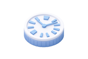 A round, blue and white clock with clear hour and minute markers, featuring simple hands indicating the time. png