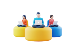 Three stylized figures using laptops while seated on colorful poufs, each wearing casual clothing in vibrant colors. png
