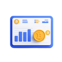 A data dashboard displaying cryptocurrency trends with charts and Bitcoin coins. png