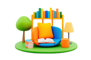A colorful seating area featuring a comfortable chair, decorative cushions, a lamp, books, and a small tree. png