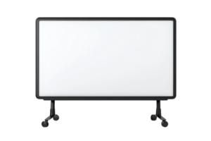 A mobile whiteboard with a sleek design, featuring a smooth writing surface and mounted on rolling casters for easy mobility. png