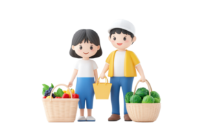 Two children holding baskets filled with colorful fruits and vegetables, smiling happily. png