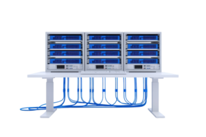 A modern server rack with multiple blue-lit units, featuring connected cables for data transfer and power management. png