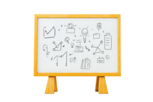A whiteboard featuring various business and data-related sketches, including charts, graphs, and icons. png