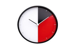 ein modern Uhr geteilt in drei Farbe Segmente Schwarz, Rot, und Weiss, mit einfach Stunde und Minute Hände Anzeige Zeit. png