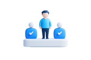 A three-character illustration featuring a central figure standing on a pedestal, flanked by two smaller figures with checkmarks. png