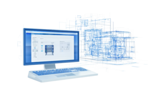 A modern computer displaying software with a digital interface and three-dimensional models projected around it. png