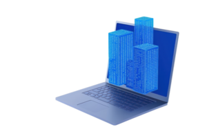 A laptop displaying holographic skyscrapers, symbolizing data visualization and modern architecture. png