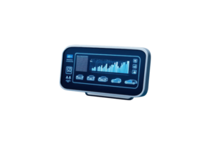 A sleek digital display panel showing various metrics and graphical data, designed for automotive or technological applications. png