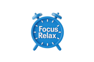 A blue alarm clock features the words Focus and Relax prominently displayed on its face. png