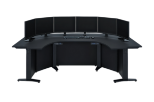 A sleek, modern desk designed for multiple monitors, featuring a curved shape and ergonomic layout for enhanced productivity. png