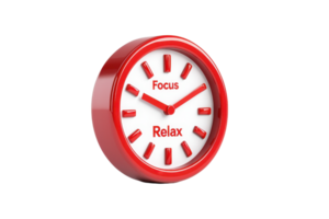 A round red clock displaying the words Focus and Relax on its face, emphasizing time management and balance. png