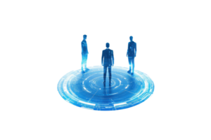 Three stylized figures stand on a circular platform, illuminated in a glowing blue hue, suggesting a futuristic or digital theme. png