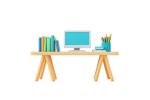 A modern desk featuring a computer, books, and stationery, creating a tidy workspace for productivity. png
