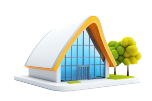 A modern architectural model featuring a curved roof, large glass windows, and stylized trees. png