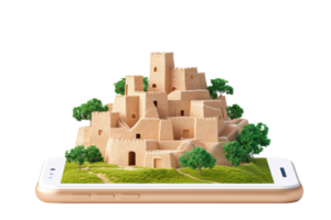 A smartphone displaying a detailed 3D model of a castle surrounded by trees, showcasing intricate architecture and vibrant greenery. png