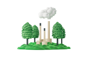 A miniature representation of a factory with smokestacks surrounded by green trees, symbolizing industrial activity and environmental themes. png