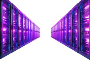 A futuristic view of illuminated server racks creating a tunnel effect with vibrant purple and blue lights against a dark background. png