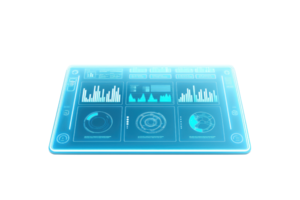 A futuristic digital dashboard displaying various analytical graphs and data visuals. png