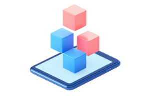 A tablet displays colorful 3D cubes arranged in a playful stacking formation, showcasing a modern digital design. png