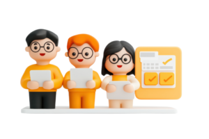 Three cartoonish characters in vibrant attire hold tablets, with one character displaying a checklist and icons beside them. png