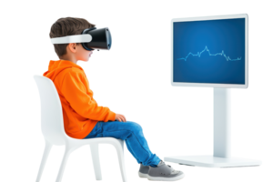 A child wearing a virtual reality headset sits on a chair, focused on a monitor displaying graphical data. png