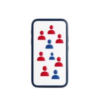 A smartphone displaying a graphic of stylized user profiles in red and blue colors, representing social connections or networking. png