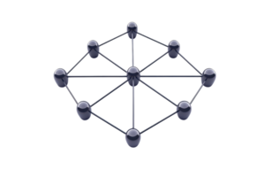 A geometric network structure with nodes connected by lines, representing relationships or communication pathways. png