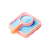 A colorful magnifying glass icon is displayed within a square base, featuring a blue and pink color scheme. png