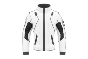 A modern white jacket featuring black accents and a sleek design, ideal for both style and functionality. png