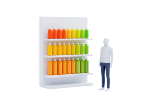 A shelf displays colorful bottles in varying shades of orange and green alongside a figure, creating a vibrant, engaging product showcase. png