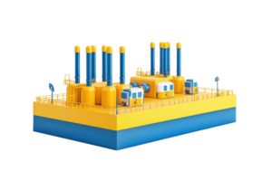 A vibrant yellow and blue industrial platform featuring multiple tall smokestacks and various structures, resembling a facility for energy production or processing. png
