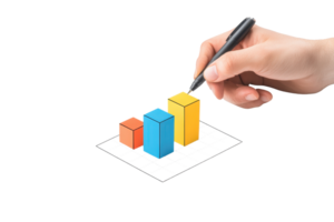 A hand holding a pen is drawing a colorful bar graph with three distinct bars, showcasing growth and data representation. png