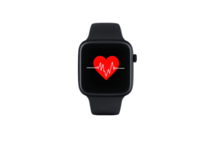 A sleek smartwatch displaying a heart rate monitor with a red heart and heartbeat line on its screen. png