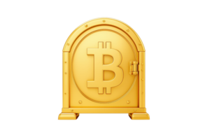 A golden vault door featuring a prominent Bitcoin symbol, representing cryptocurrency security and digital wealth. png