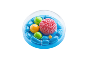 A colorful representation of a cell, highlighting its nucleus and various organelles in a vibrant setting. png