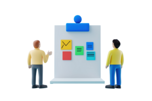 Two figures engage in a discussion while facing a presentation board displaying colorful notes and icons. png