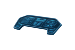 A futuristic control panel featuring glowing interface elements and digital displays. png