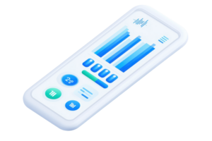 A sleek, modern device displaying various data visuals with blue bars and circular indicators. png