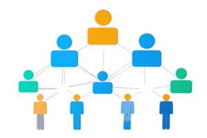 A diagram illustrating a hierarchical structure with figures representing various levels of relationships and connections. png