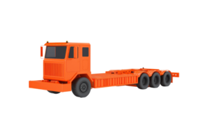 A bright orange truck chassis with three axles, designed for heavy-duty transport and construction purposes. png