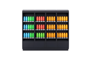 A display of colorful bottles arranged neatly in a shelving unit, showcasing various hues and a systematic organization. png