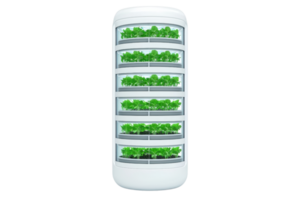 A vertical, modern hydroponic garden designed to grow multiple layers of plants efficiently. png