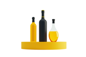 Three elegant bottles of varying shapes and sizes, featuring a combination of dark and light designs, displayed on a circular yellow platform. png