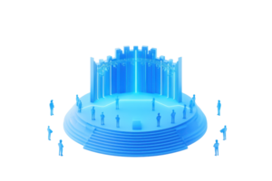 A modern, circular structure featuring columns and steps, illuminated in blue with figures surrounding it. png