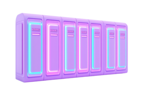 A series of colorful lockers illuminated in neon shades of pink and blue, arranged in a row. png