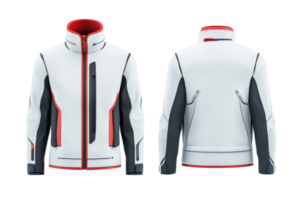 A stylish white jacket featuring red accents and functional pockets, designed for both functionality and fashion. png