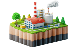 A colorful model of a factory with smokestacks, storage tanks, and greenery, representing industrial development and energy production. png